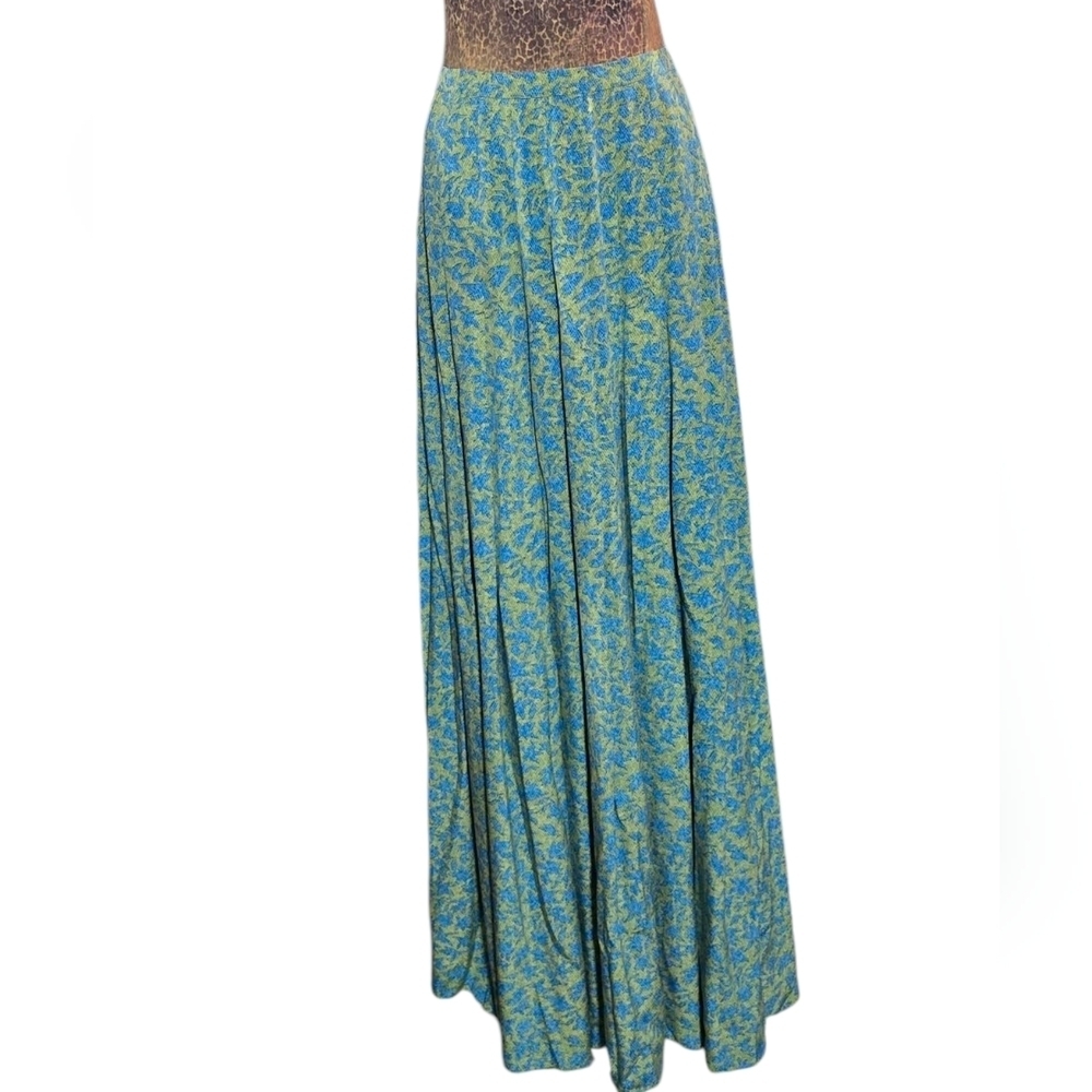 Jean Patou Floral Blue and Green Pleated Maxi Skirt